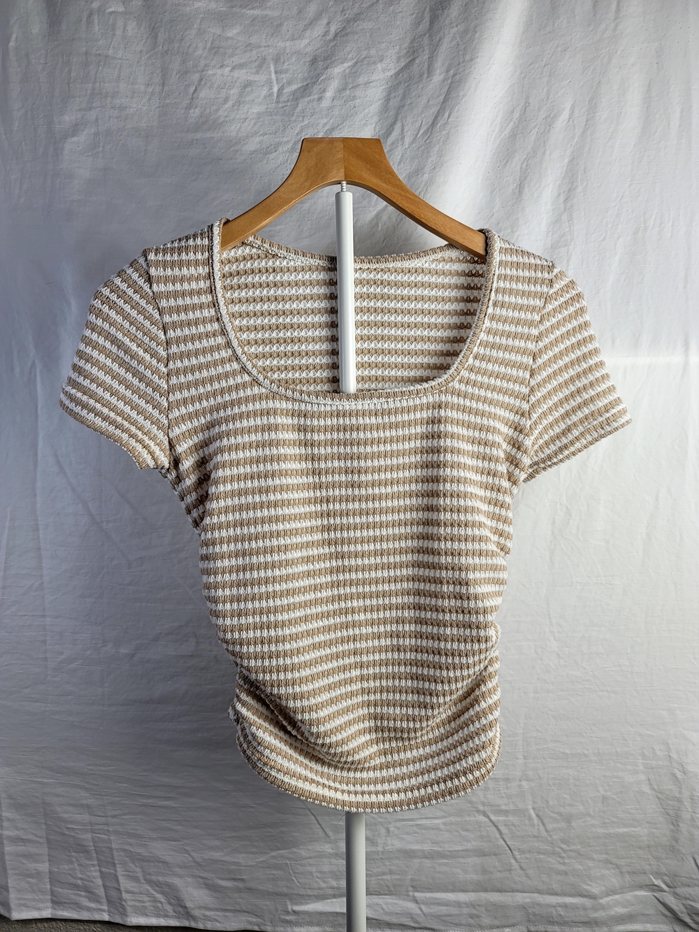 SHEIN Beige and White Striped Scoop Neck Short Sleeve Top
